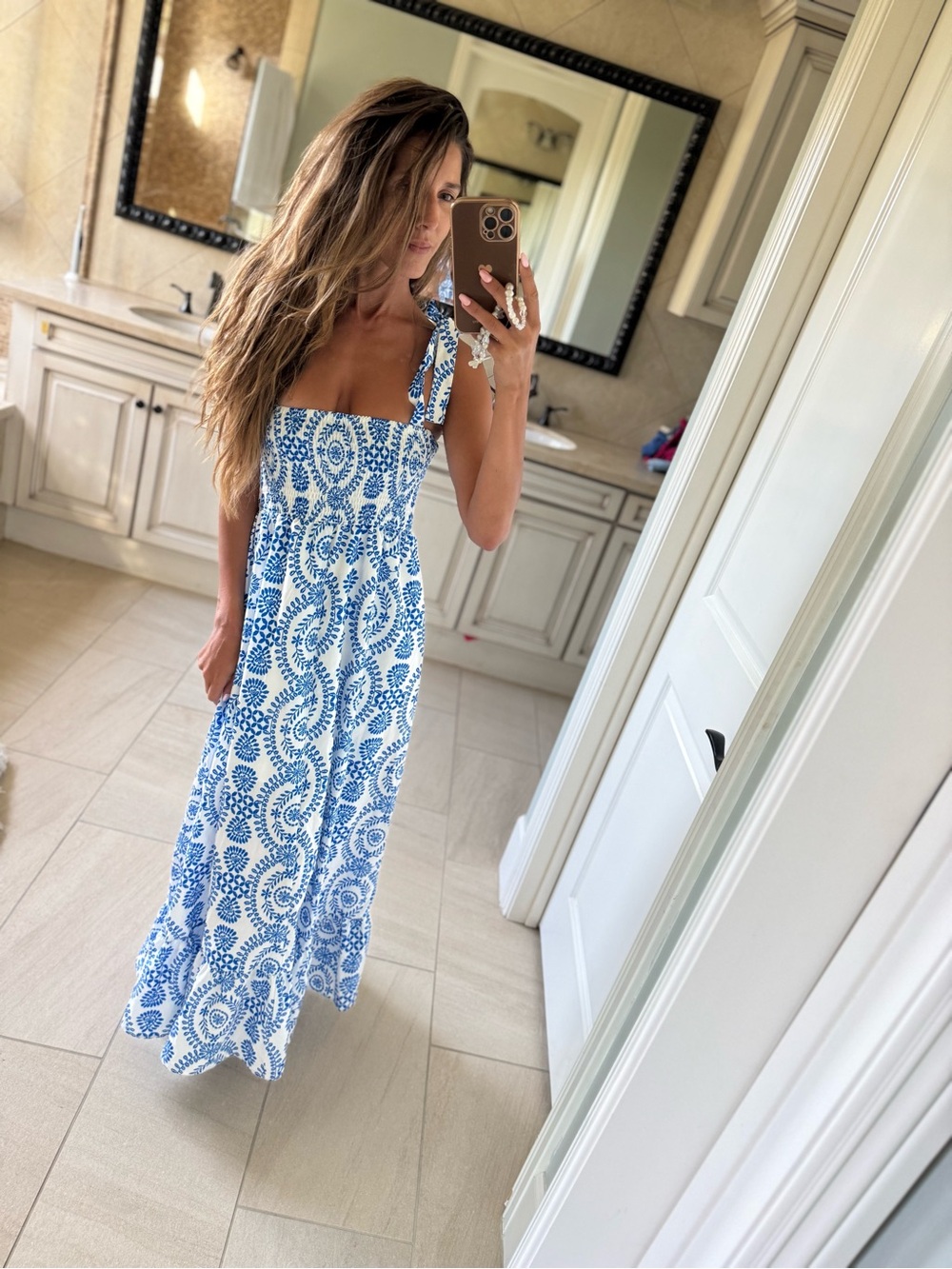 Blue & White Mediterranean Printed Tie-Shoulder Maxi Dress